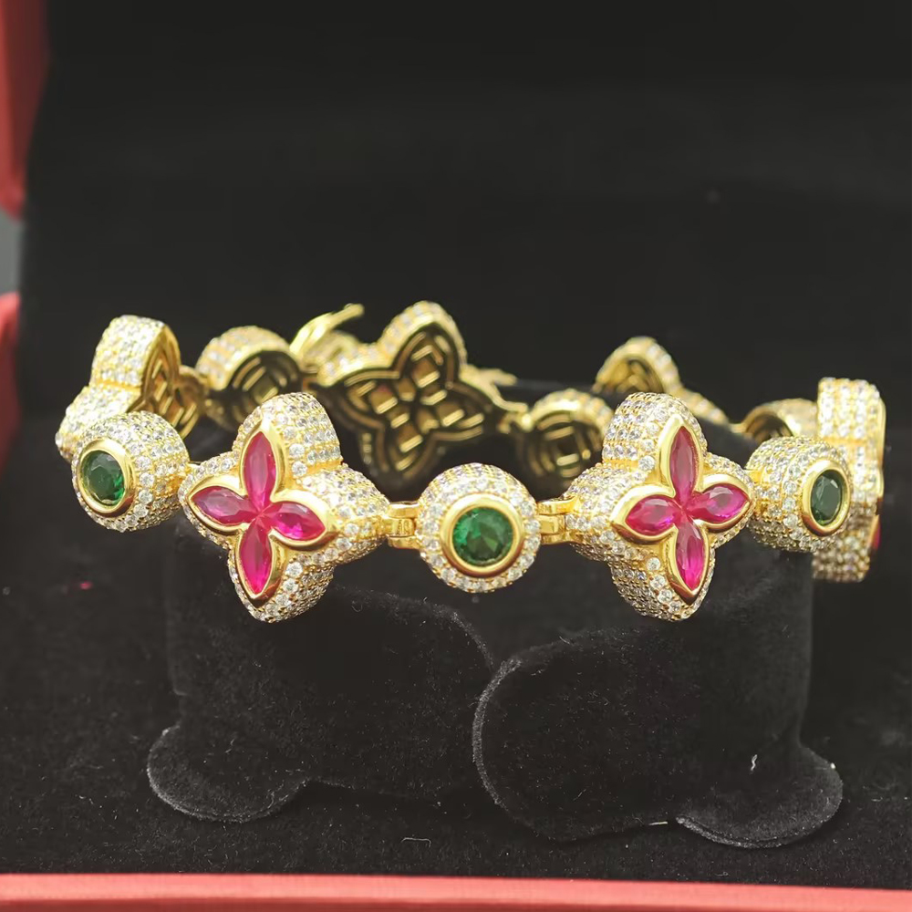 Marquise&Round Cut Ruby Sapphire Men's Clover Chain Bracelet