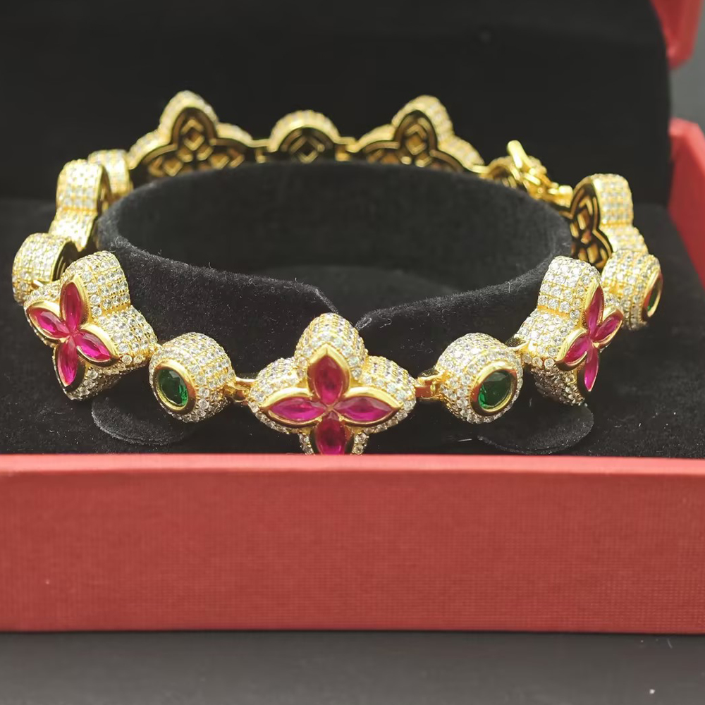 Marquise&Round Cut Ruby Sapphire Men's Clover Chain Bracelet