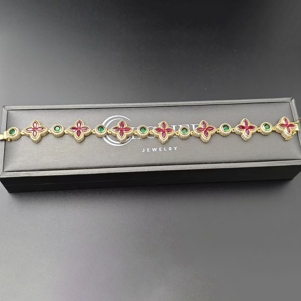 Marquise&Round Cut Ruby Sapphire Men's Clover Chain Bracelet