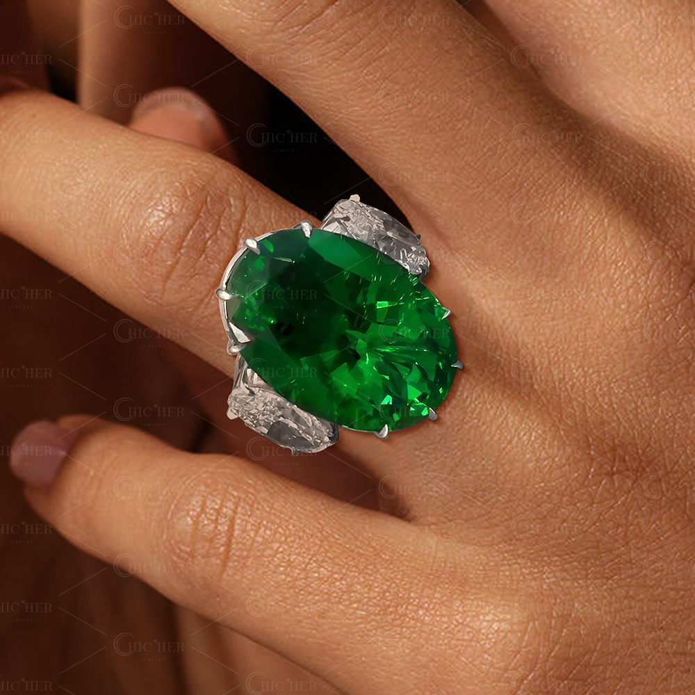 10ct Three-stone Oval Cut Emerald Sapphire Engagement Ring