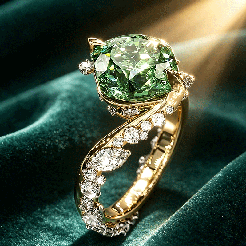 3ct Cushion Cut Mint Green Sapphire & White Sapphire Asymmetrical Cluster Ring