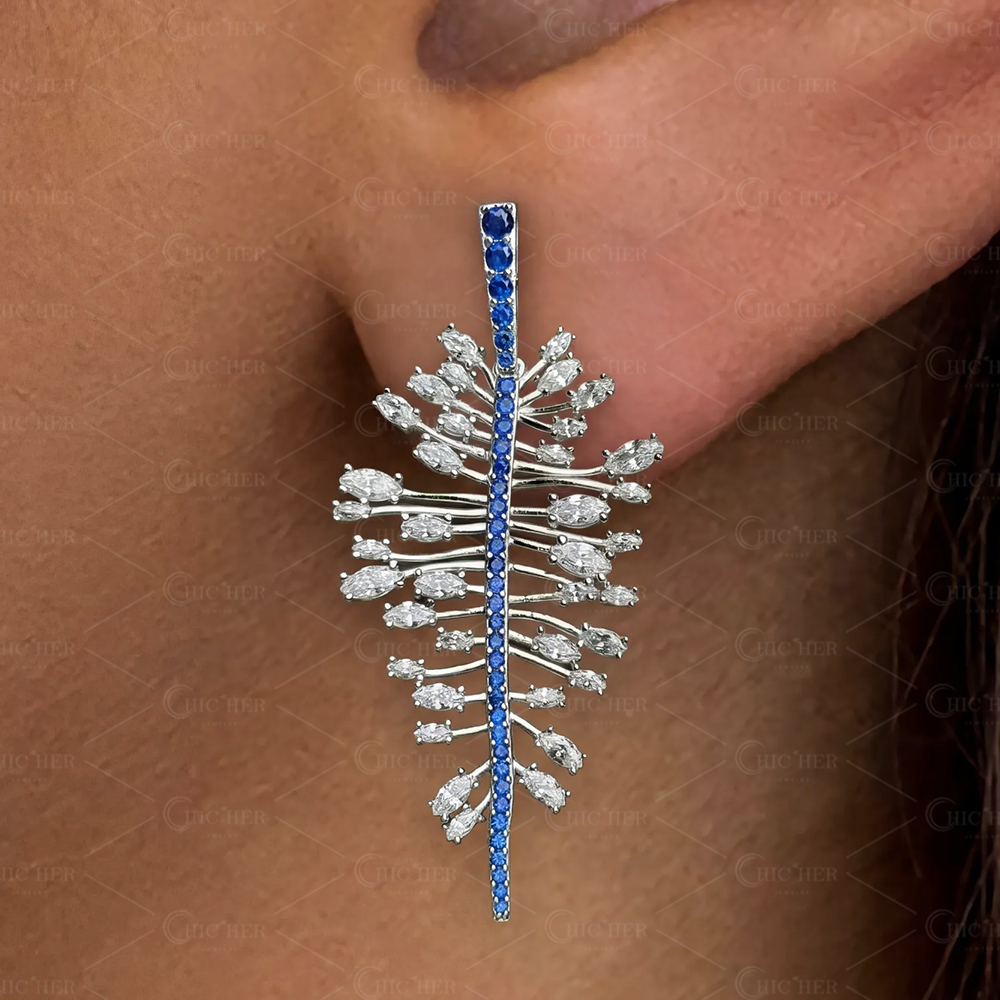 Blue Sapphire & White Sapphire Feather Drop Earrings