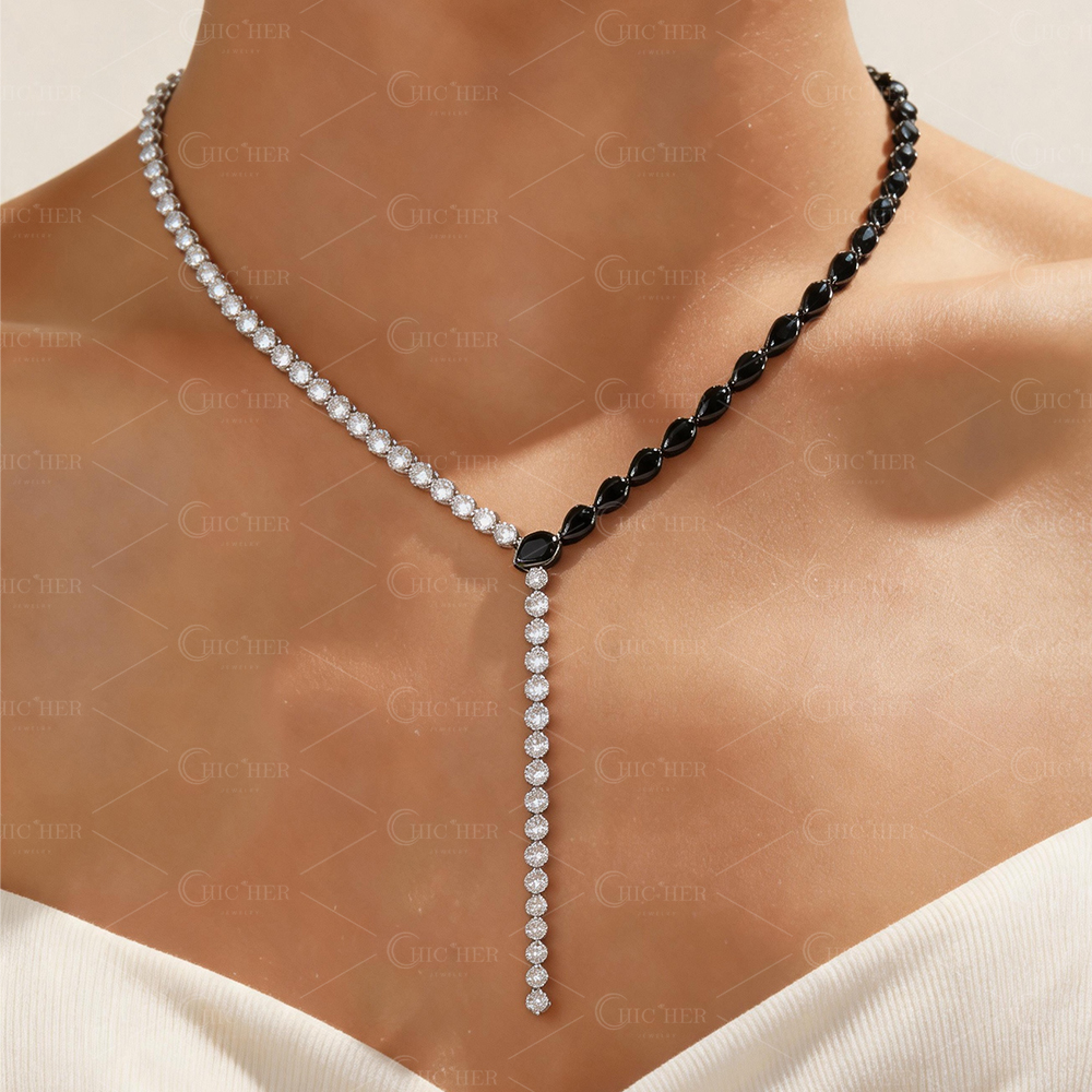 Two Tone Y-Necklace with Pear Cut Gemstones (5 Color Options)