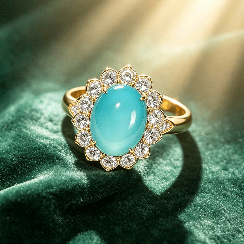 Oval Cabochon Turquoise & White Sapphire Halo Ring