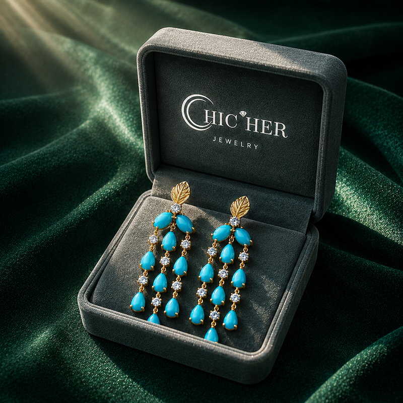 Original Design - Pear Cut Turquoise & White Sapphire Dangle Earrings