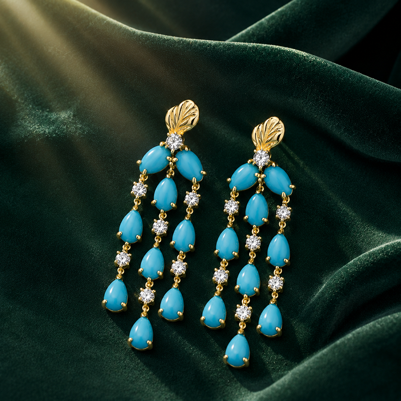 Original Design - Pear Cut Turquoise & White Sapphire Dangle Earrings