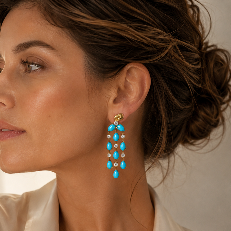 Original Design - Pear Cut Turquoise & White Sapphire Dangle Earrings