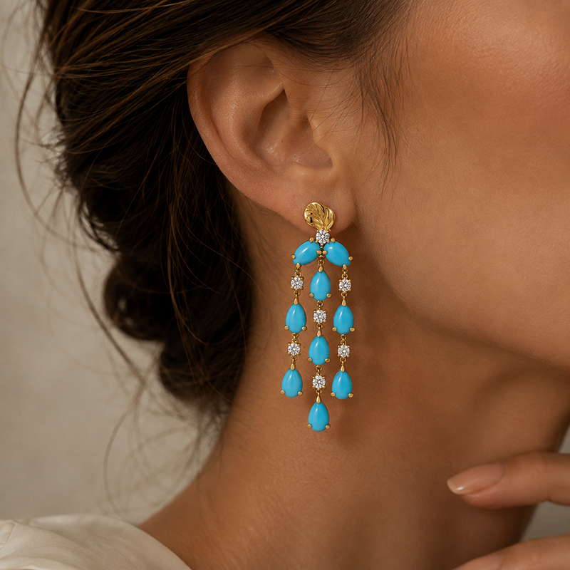 Original Design - Pear Cut Turquoise & White Sapphire Dangle Earrings