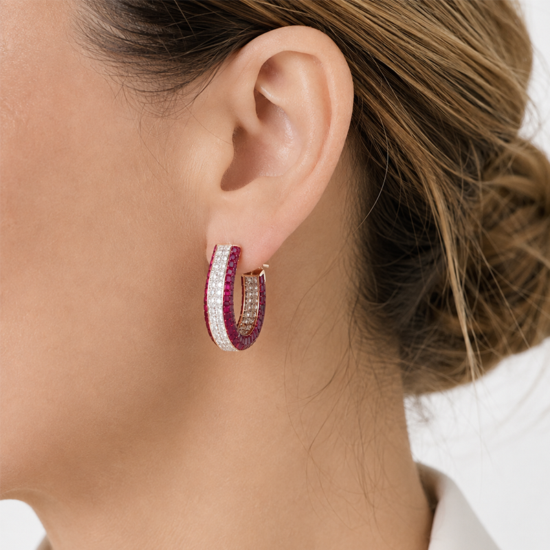 Invisible Princess Cut Ruby Sapphire Hoop Earrings