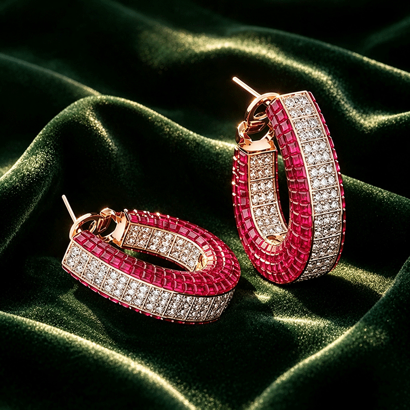 Invisible Princess Cut Ruby Sapphire Hoop Earrings