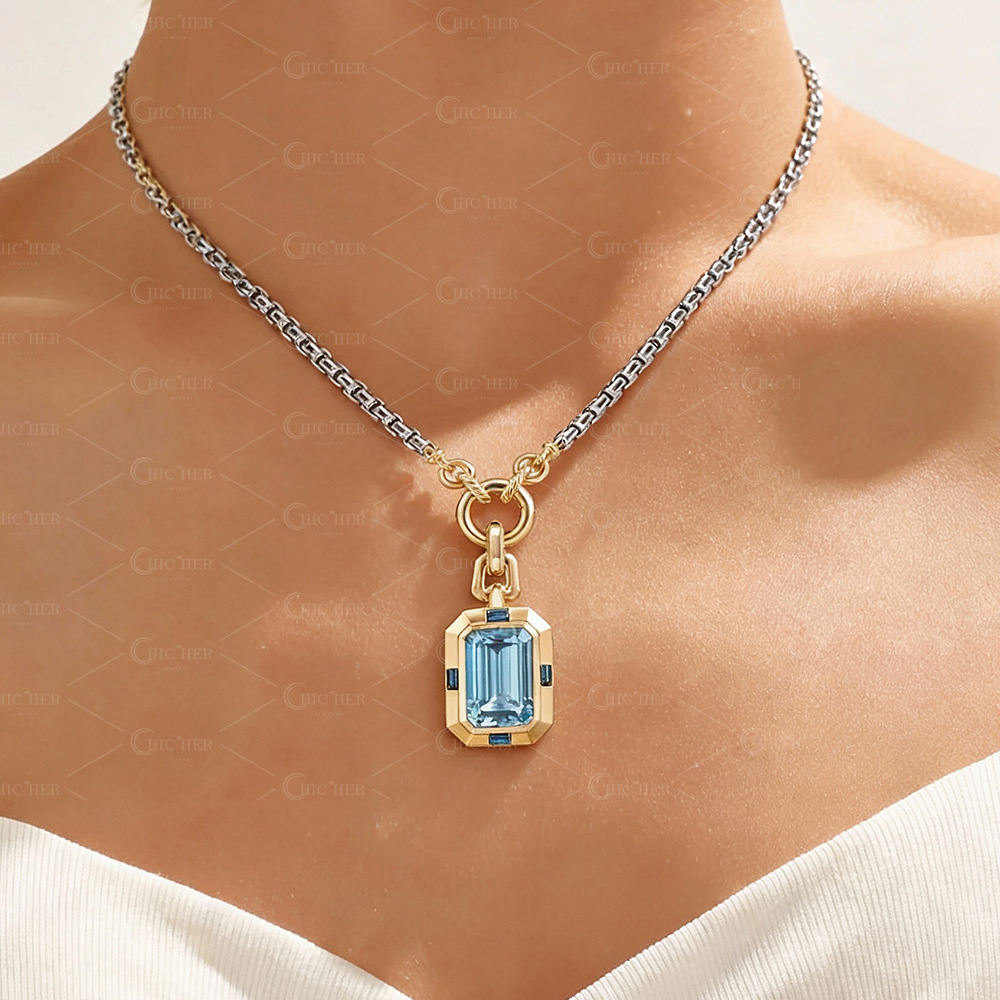 12ct Emerald Cut Aquamarine Sapphire Pendant Necklace