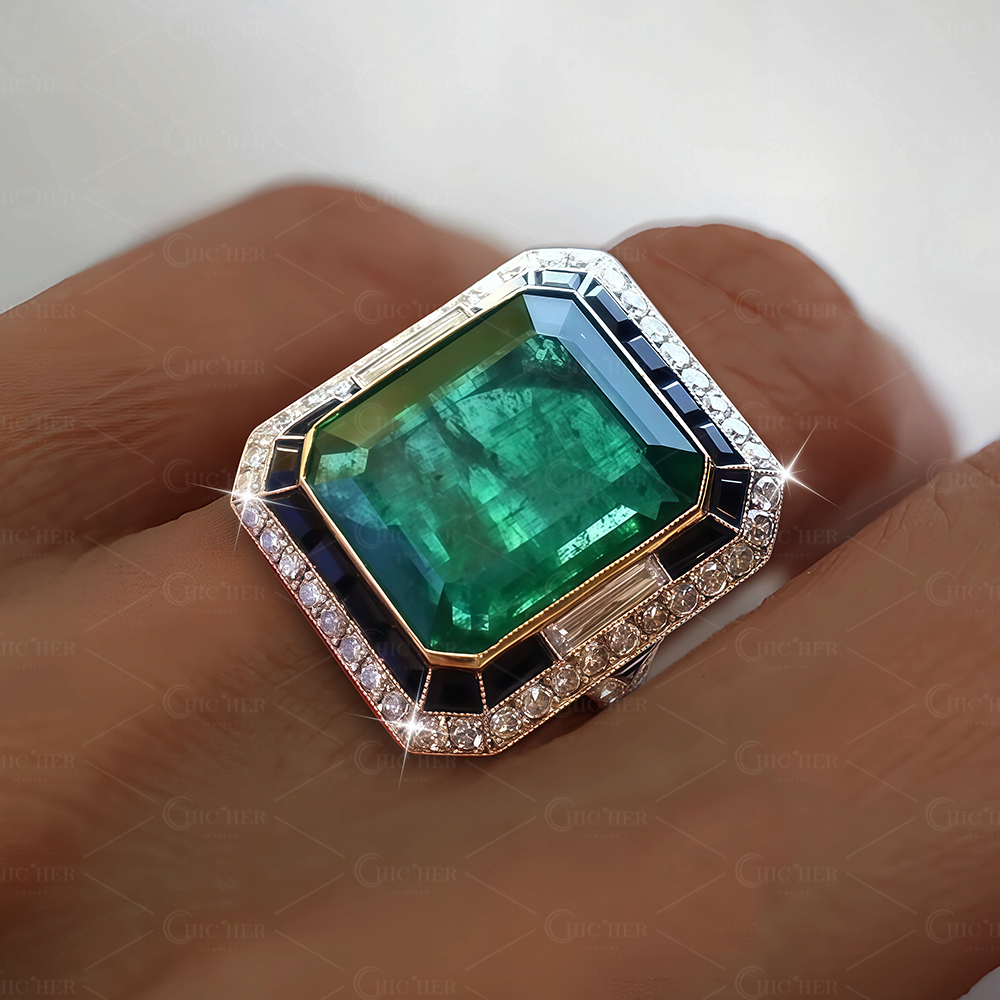 12ct Art Deco Inspired Emerald Cut Green Sapphire Engagement Ring