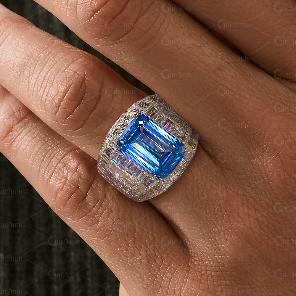 10ct Invisible Set Emerald Cut Blue Sapphire Men's Wedding Band