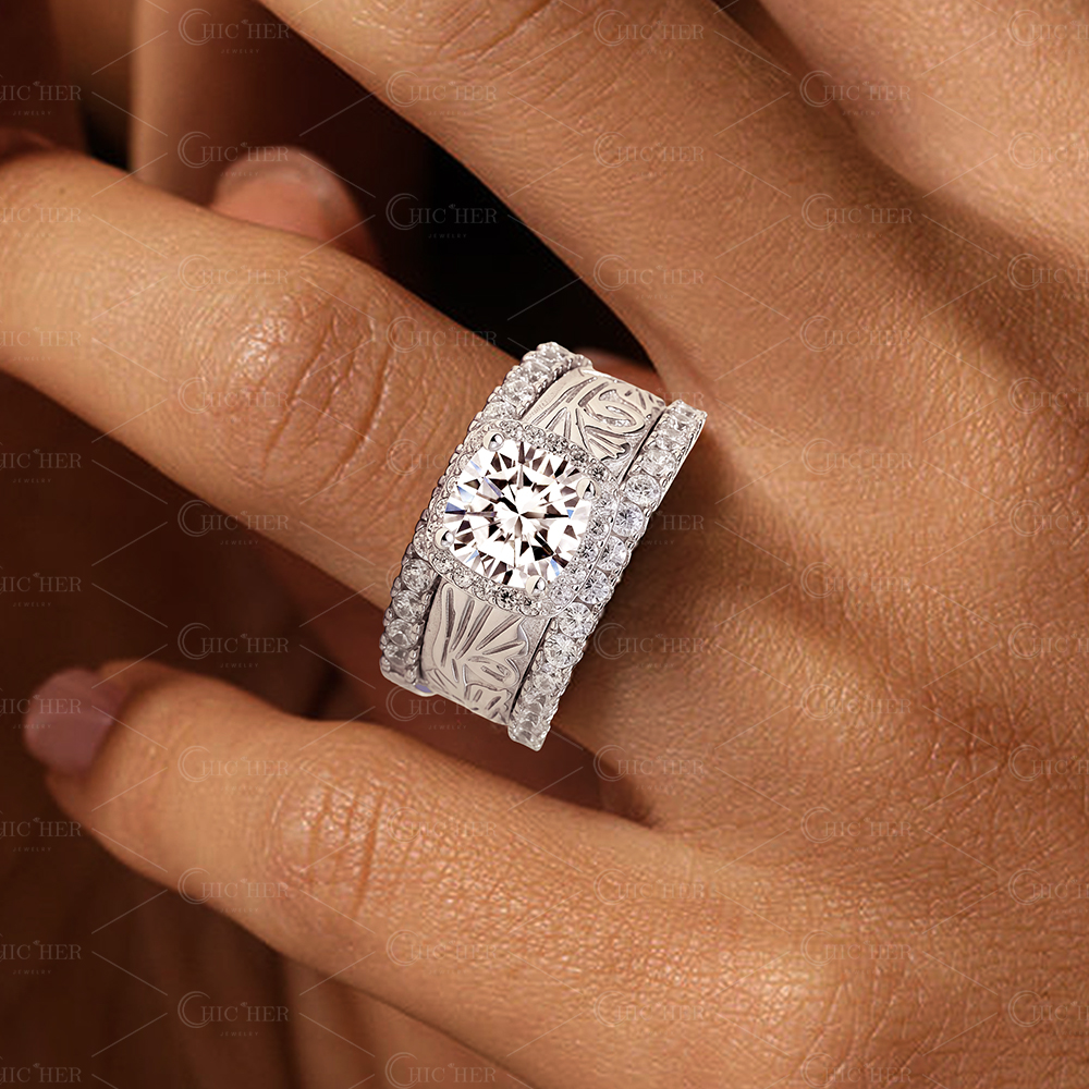 3ct Retro Engraved Cushion Cut White Sapphire Wedding Set Rings