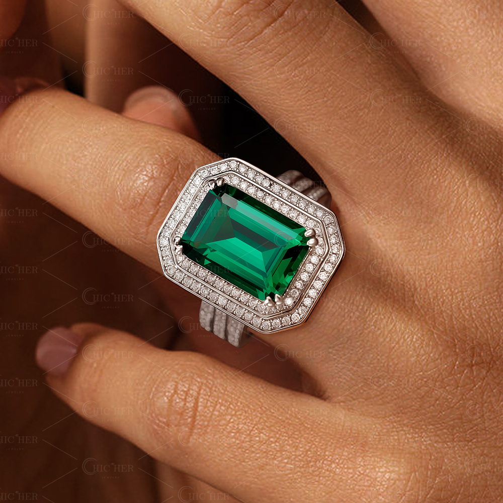 10ct Double Halo Emerald Cut Emerald Sapphire Engagement Ring