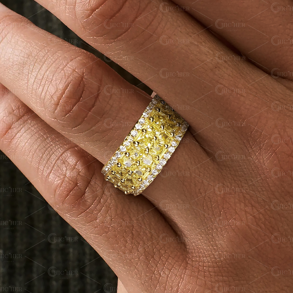 2.0ct Cushion Cut Yellow&White Sapphire Men's Eternity Ring Band