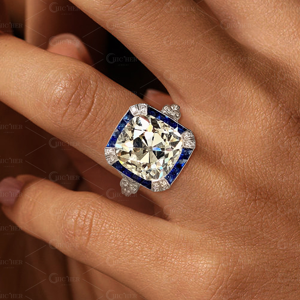 5.92ct Milgrain Blue&White Sapphire Engagement Ring