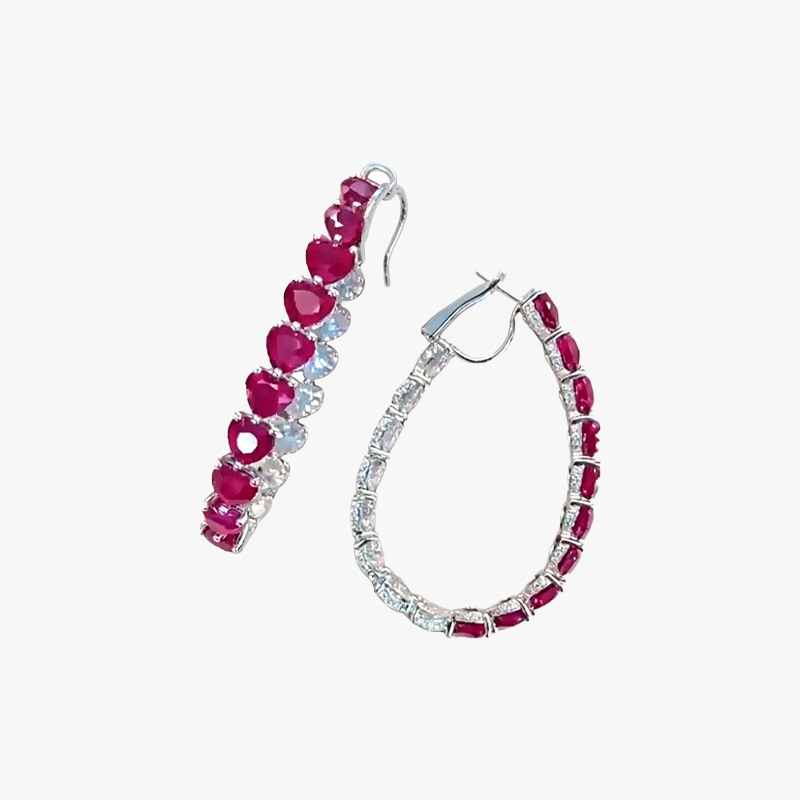 Heart Cut Ruby & White Sapphire Hoop Earrings 