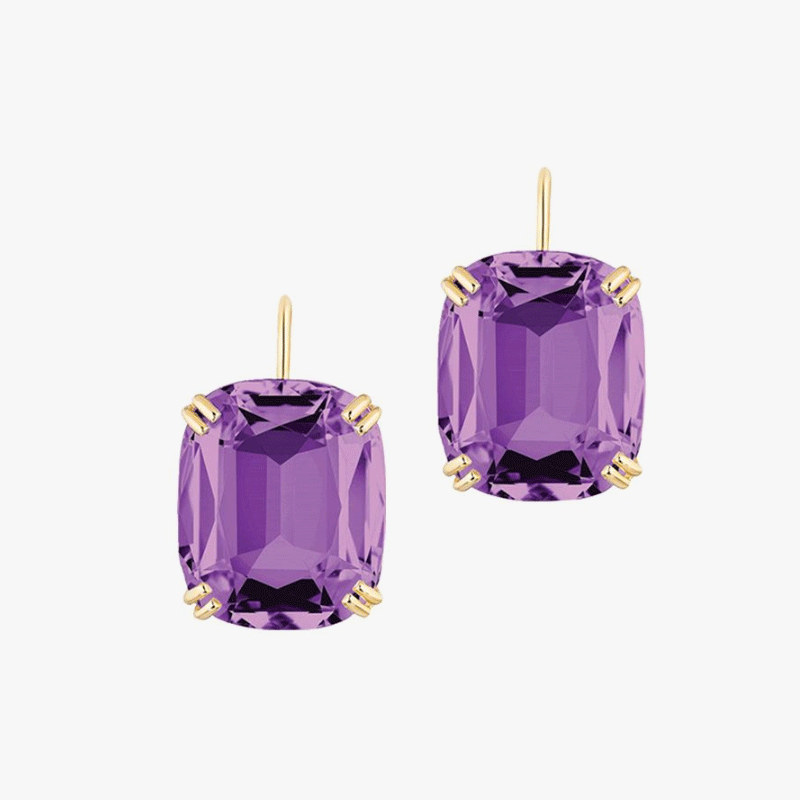 6ct Gold Double Claw Cushion Cut Purple Drop Earrings