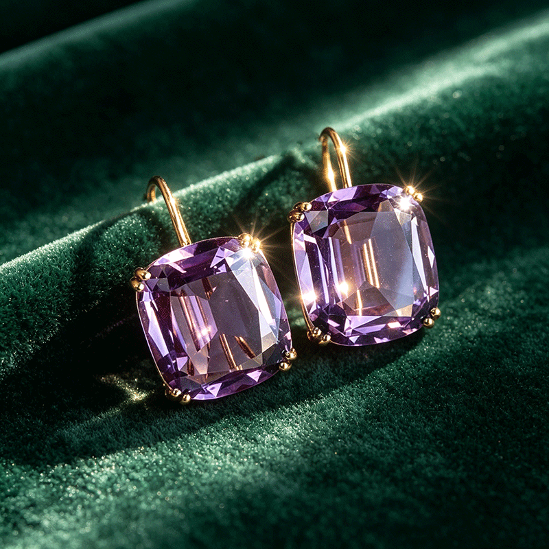 6ct Gold Double Claw Cushion Cut Purple Drop Earrings