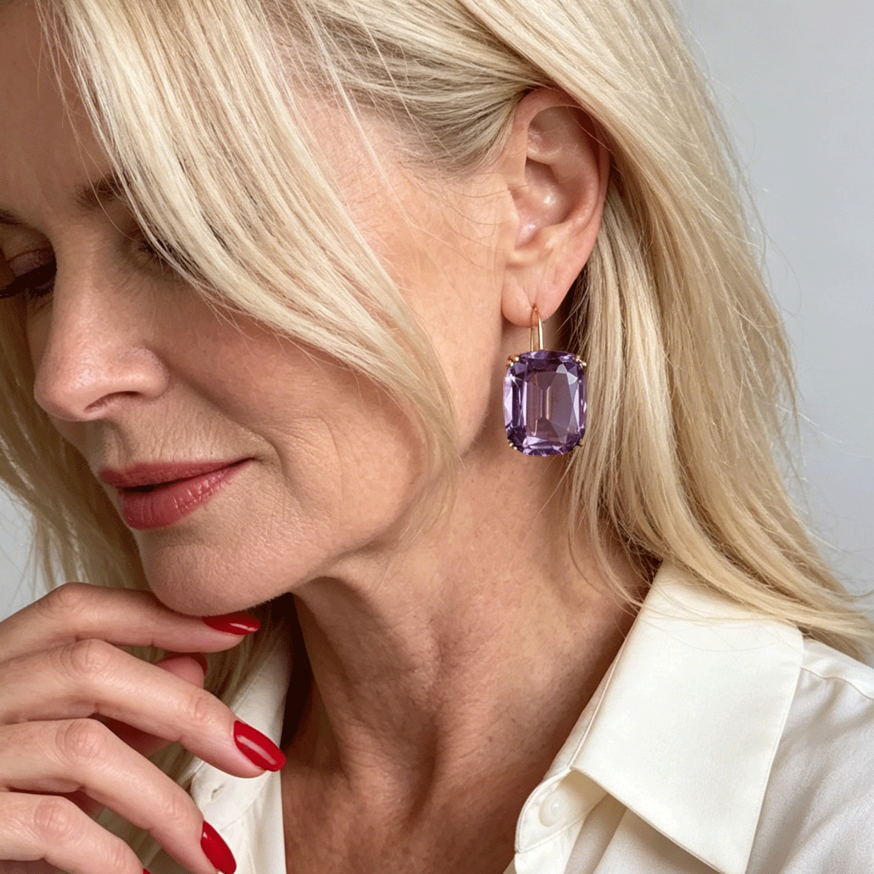 6ct Gold Double Claw Cushion Cut Purple Drop Earrings