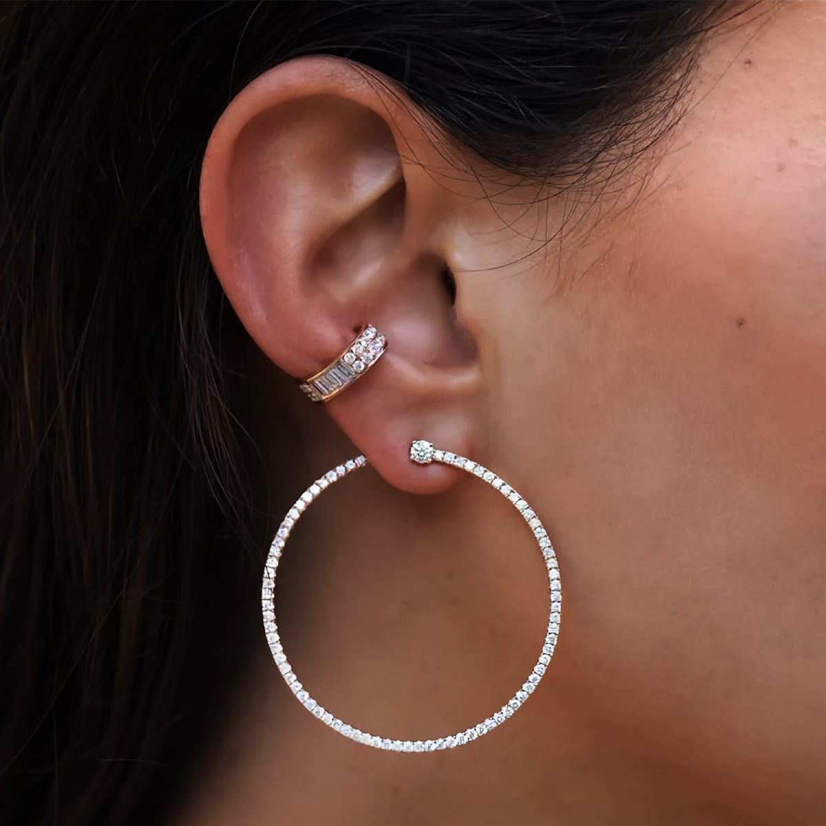 Golden Round Cut White Sapphire Hoop Earrings