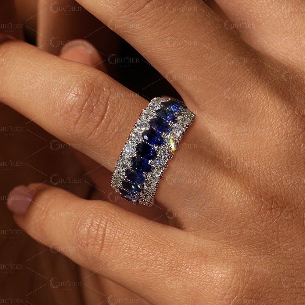 8.15ct Triple Row Oval&Round Cut Sapphire Eternity Ring