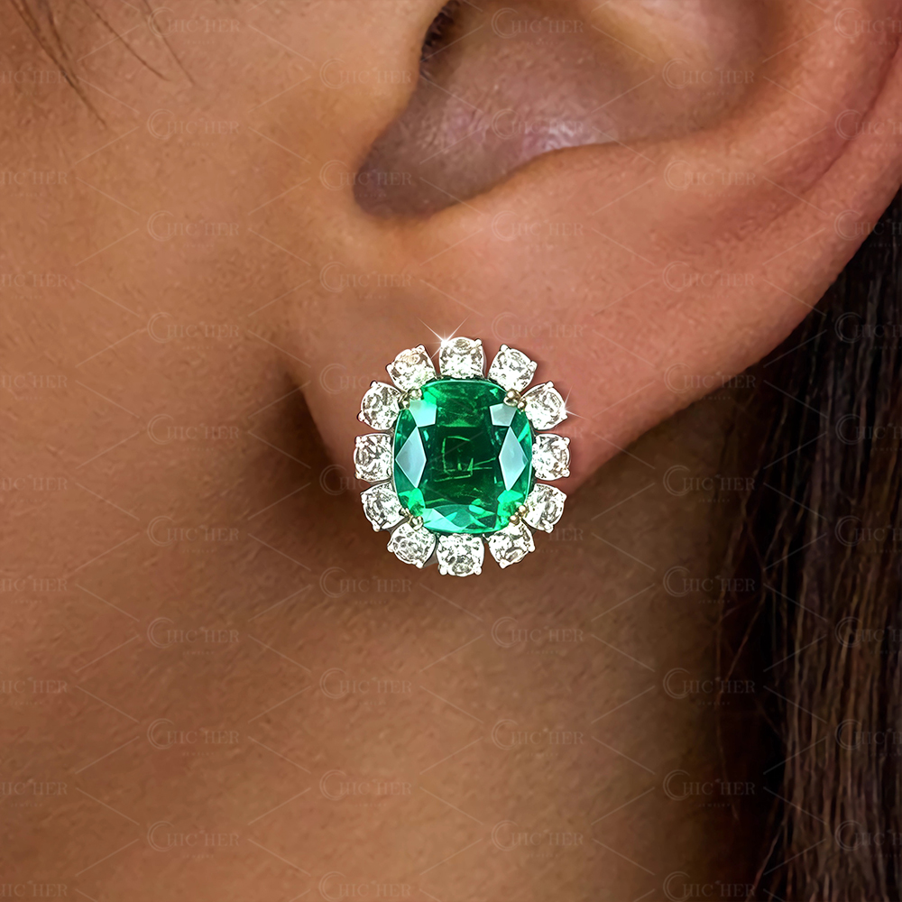 Halo Cushion Cut Emerald Green Sapphire Stud Earrings