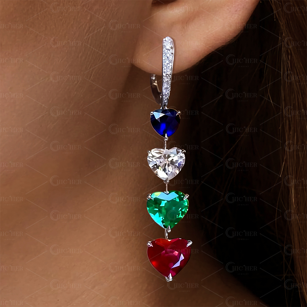 Colorful Love Heart Lab-created Sapphire Drop Earrings