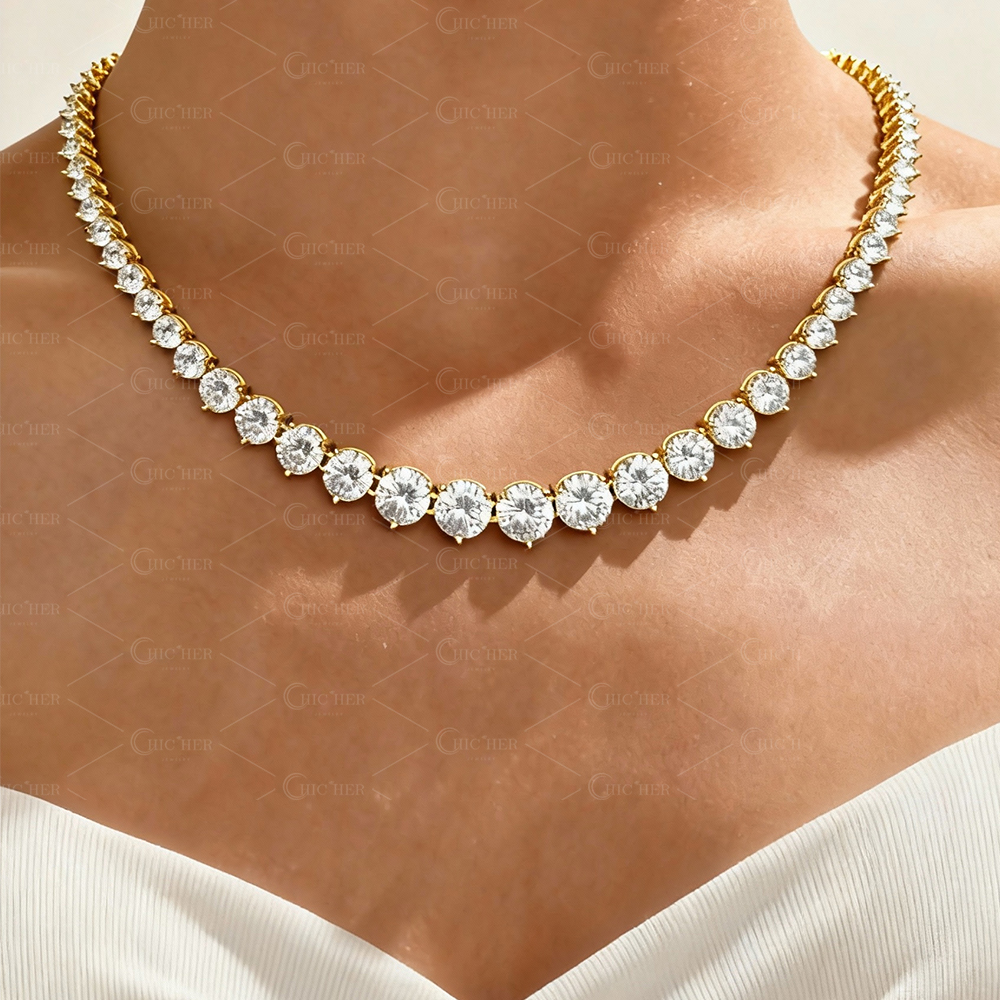 3-prong Round Cut White Sapphire Tennis Necklace
