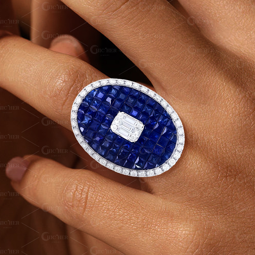 11ct Emerald Cut Blue Sapphire Cocktail Ring