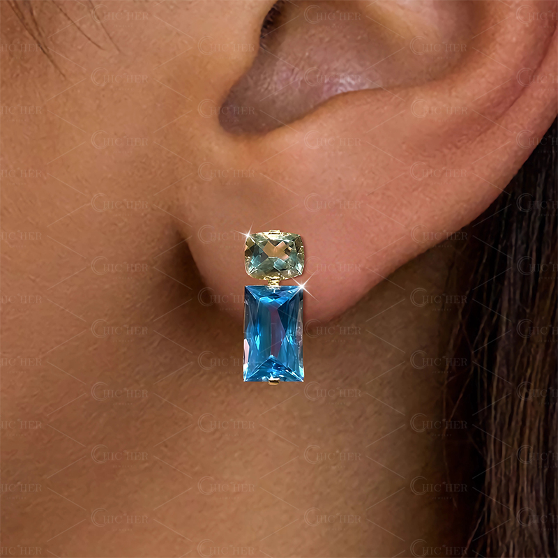 Cushion&Baguette Cut Aquamarine Sapphire Drop Earrings