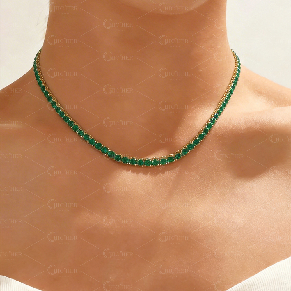 Round Cut Emerald Sapphire Tennis Necklace