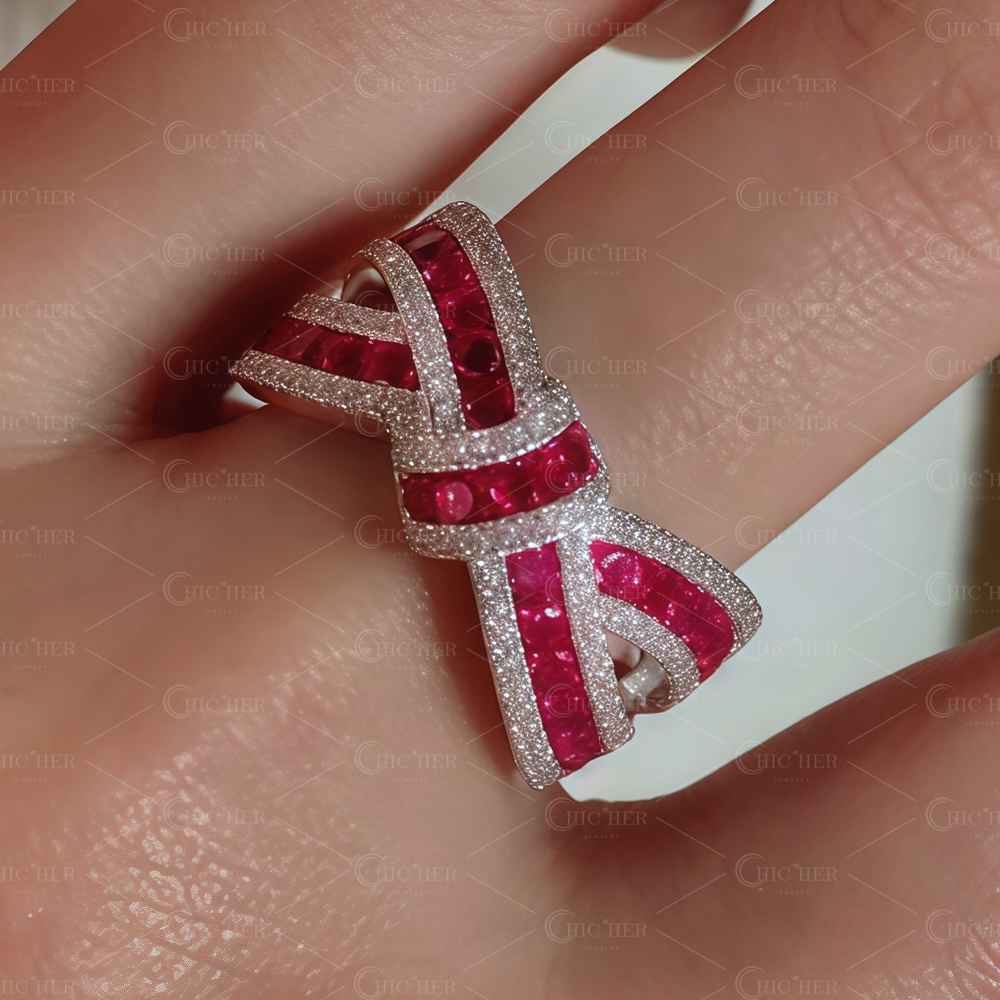 5ct Bow Knot Design Ruby Sapphire Eternity Ring