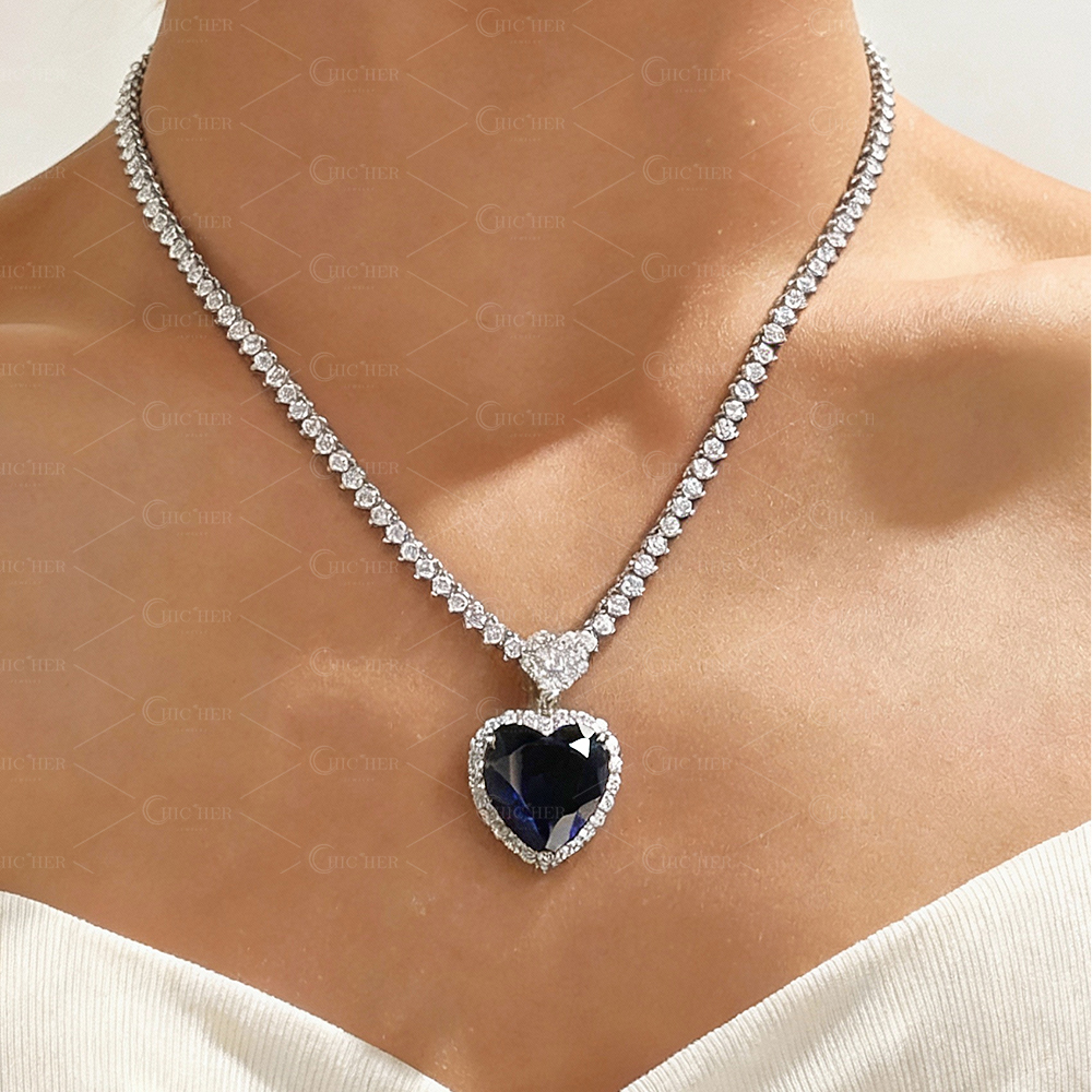 Heart Cut Blue Sapphire Pendant Necklace