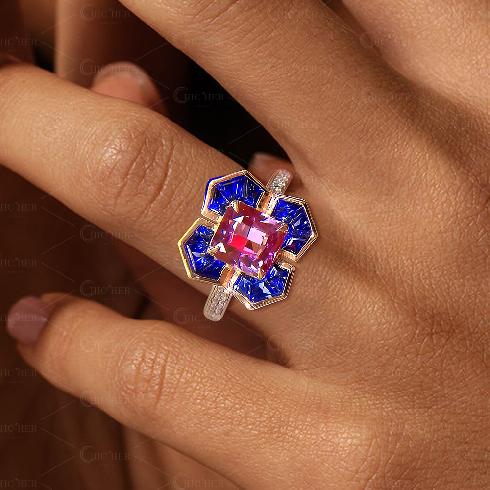 4ct Radiant Cut Blue&Pink Sapphire Engagement Ring