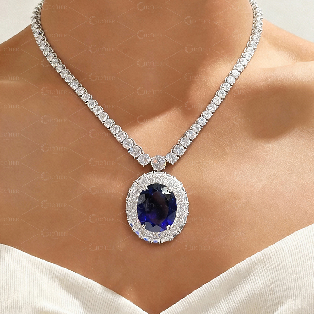 Oval Cut Blue Sapphire Pendant Necklace 