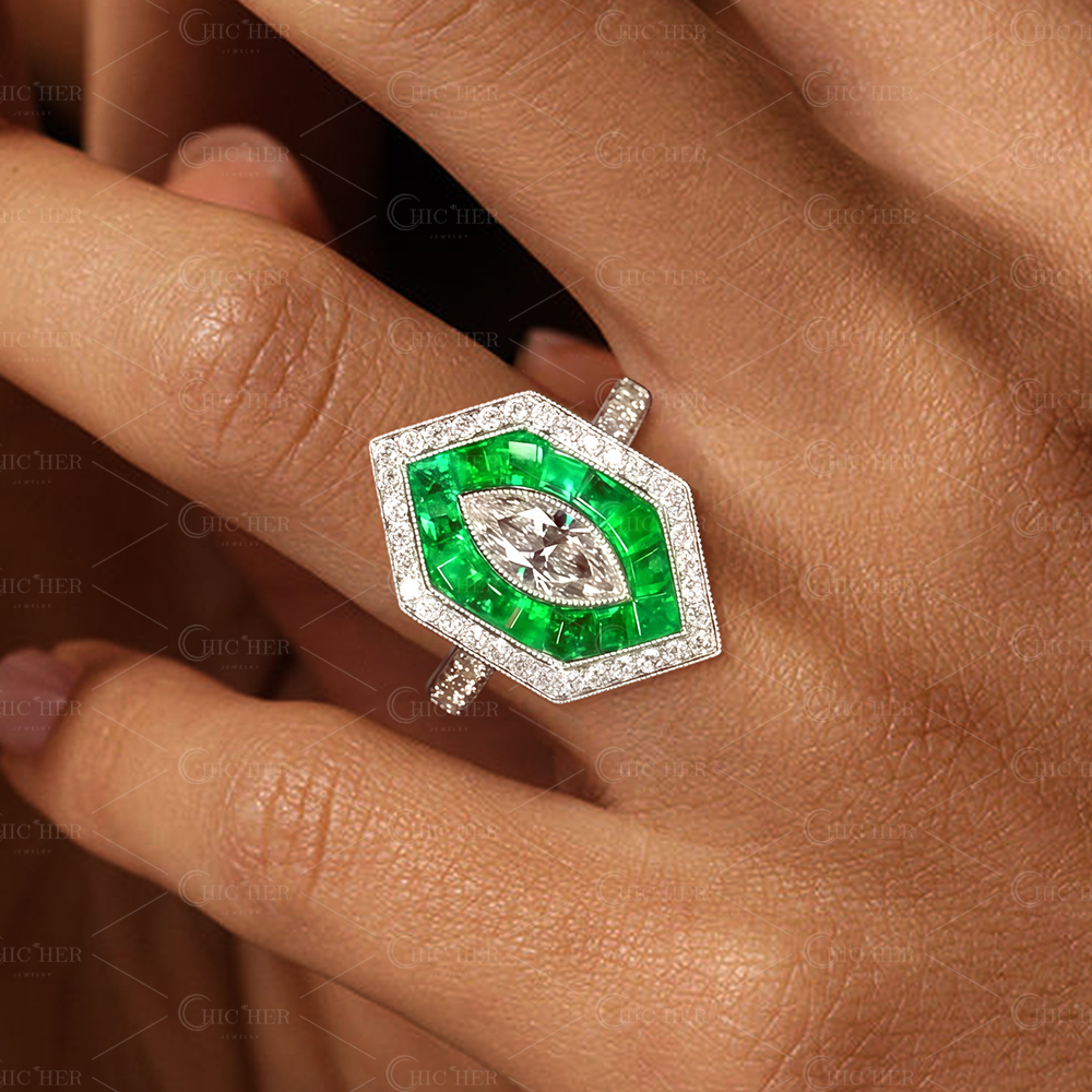 3ct Art Deco Emerald Halo Marquise Cut White Sapphire Ring