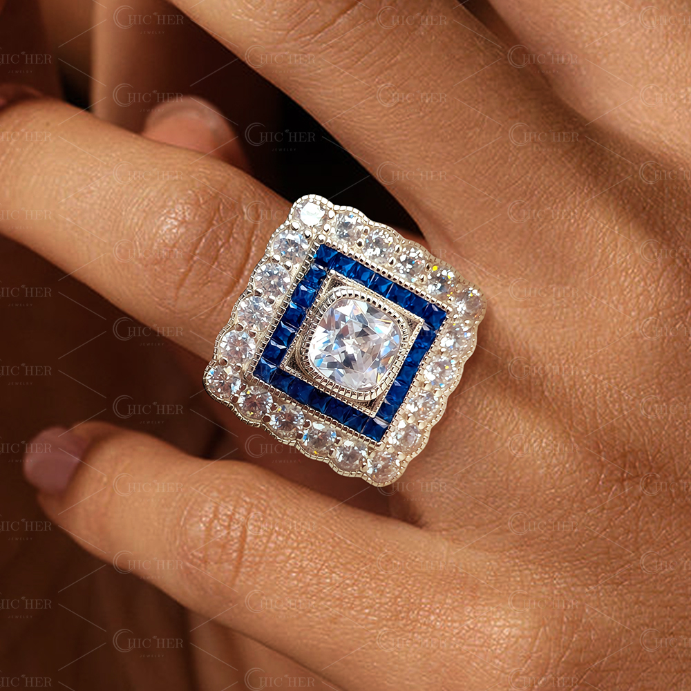 5ct Art Deco Sapphire Halo Cushion Cut White Sapphire Ring