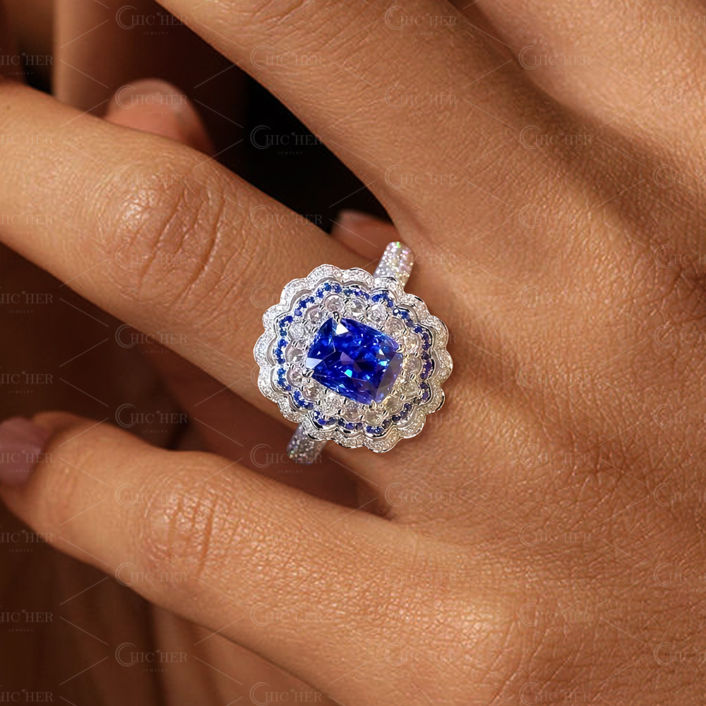 4ct Art Deco Halo Cushion Cut Blue Sapphire Engagement Ring