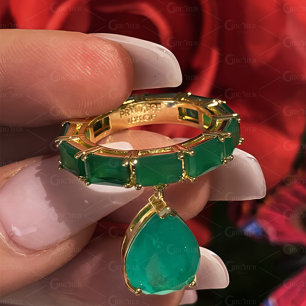 4.75ct Emerald Cut Green Sapphire Eternity Ring With Dangle Drop