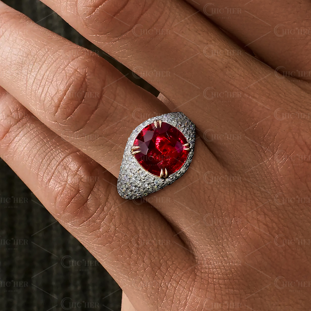 7ct Micro-pave Setting Cushion Cut Garnet Sapphire Men's Ring