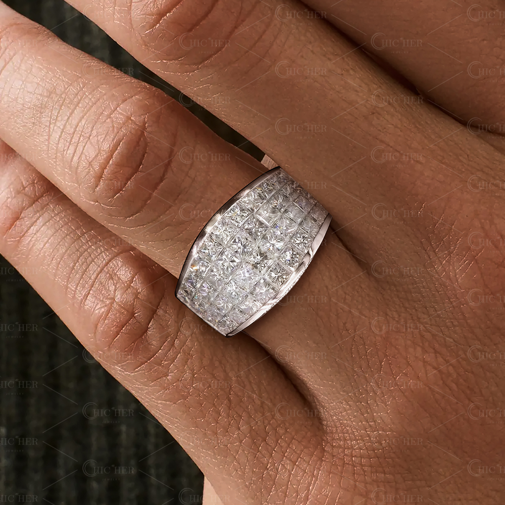 9.75ct Invisibile Setting Princess Cut White Sapphire Men's Eternity Ring