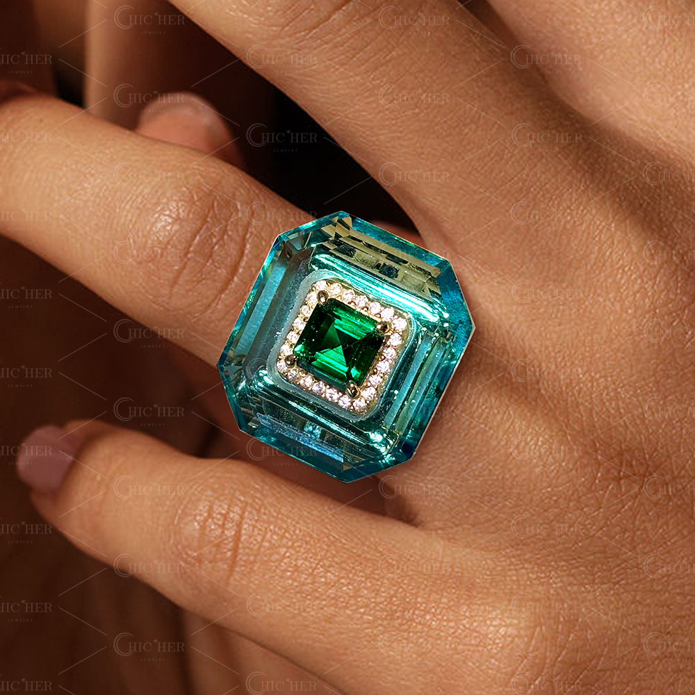 2ct Unique Emerald Cut Emerald Sapphire Engagement Ring