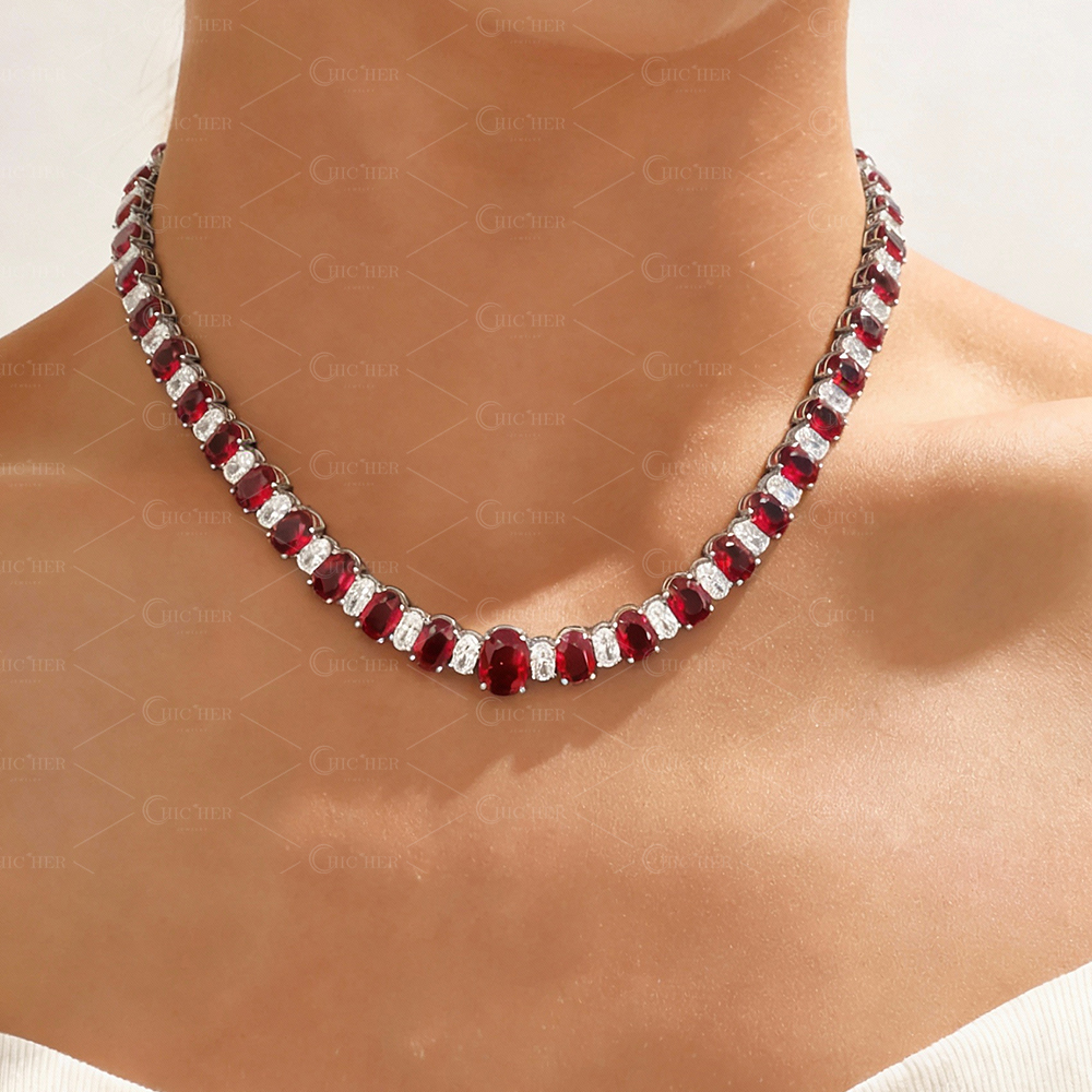 Oval Cut Ruby Sapphire Silver Necklace
