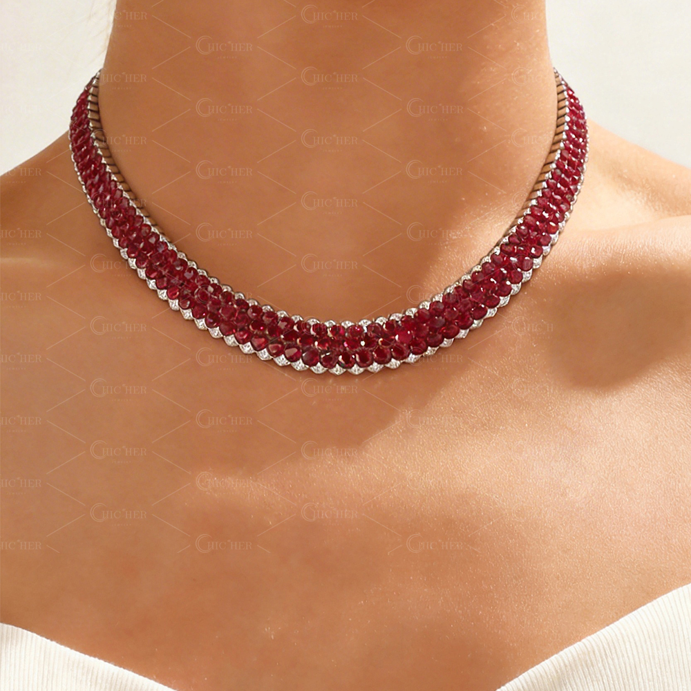 3-row Prong Setting Round Cut Ruby Sapphire Choker Necklace