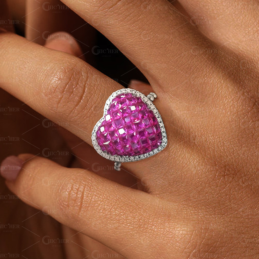 Invisible Setting Princess Cut Ruby Sapphire Love Heart Ring