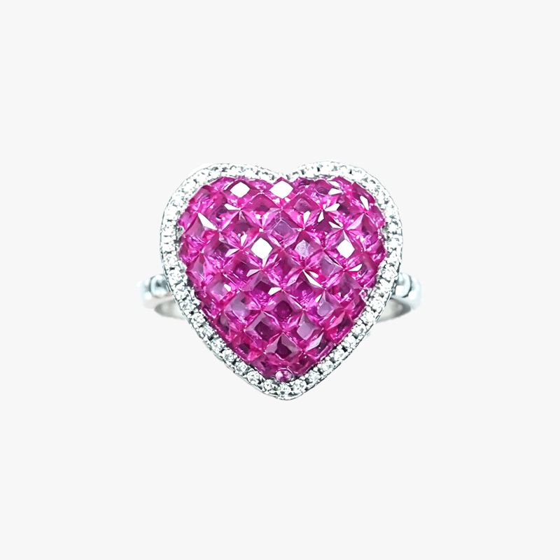 Invisible Setting Princess Cut Ruby Sapphire Love Heart Ring