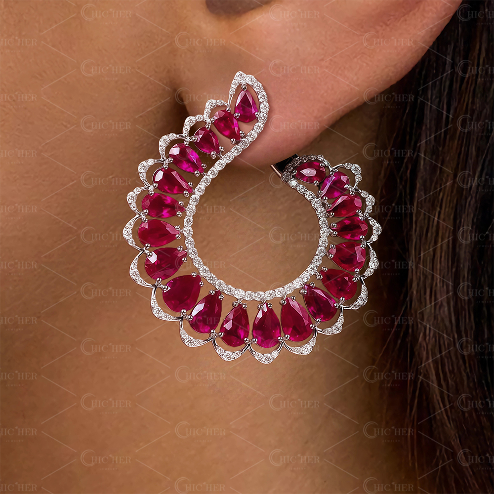 Pear Cut Ruby &White Sapphire Hoop Earrings