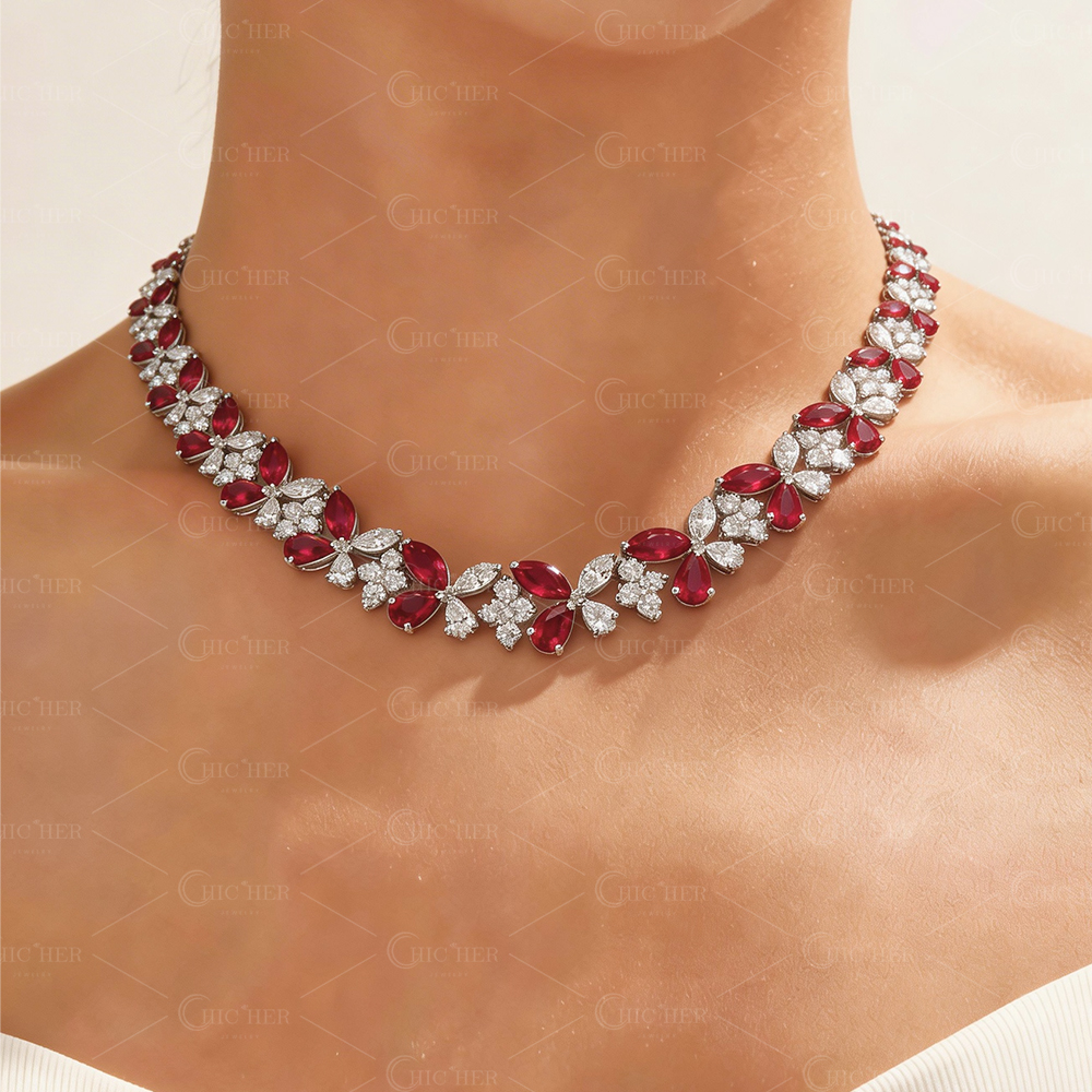 Flower Design Pear&Marquise Cut Ruby Sapphire Necklace
